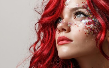 Obraz premium A bright portrait of a woman with bold red hair and glitter makeup, white background