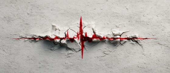 A cracked wall with a red seismic line, symbolizing quake and emotion amidst a rough surface