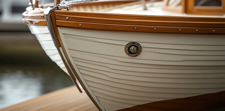Fototapeta Closeup of a classic wooden boat showing its elegant design and craftsmanship.  Perfect for nautical and travel publications.