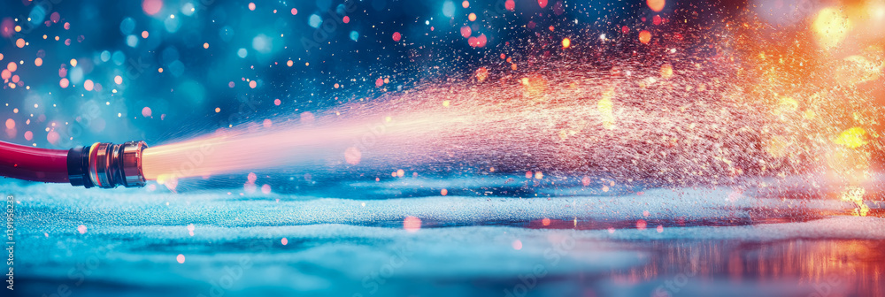 Poster water hose spewing a powerful stream of liquid in an abstract, dreamy setting, creating bokeh and re