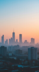 Fototapeta premium Hazy Cityscape at Dawn: Sunrise Over Metropolis Skyline, Urban Dreams & Morning Mist