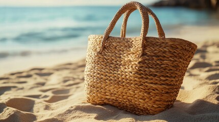 A bohemian-inspired beach bag, resting on sunlit sand, featuring intricate woven textures and coastal elegance, capturing the essence of a relaxed beach day.