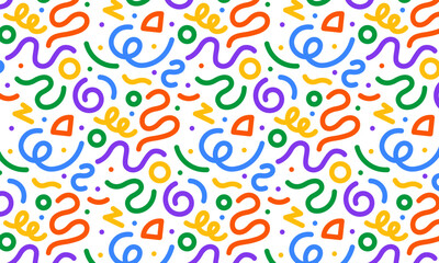 Colorful line doodle seamless background pattern. Fun and creative minimalist art background for kids. Simple childish trendy doodle backdrop.