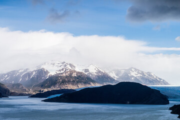 Impressive outlook on Grey Glacier from Paine Grande to Refugio Grey, along lake grey in Torres Del...