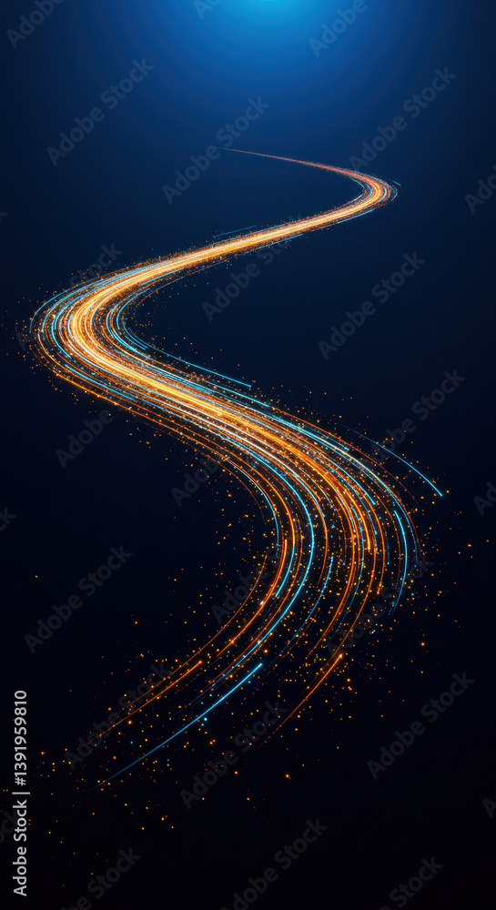 Poster digital stream: futuristic glowing data lines, abstract background with flowing light trails & parti