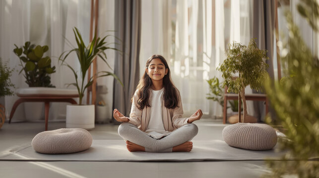 happy indian girl doing yoga at home