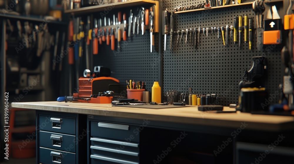 Poster a close-up of a well-arranged workbench in a garage with different tools, hardware, and workshop ess