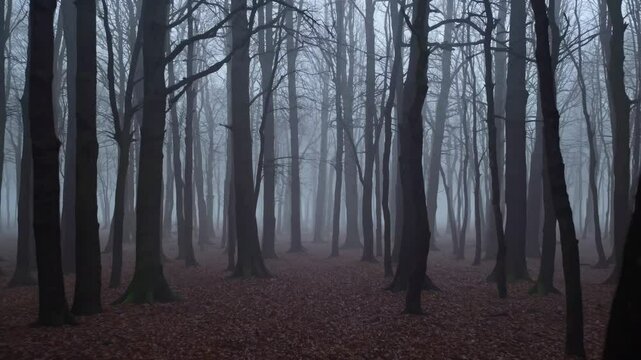 Eerie forest scene with bare trees in fog, captured at eye-level. The video evokes a mysterious, haunting atmosphere with its muted tones. Live desktop wallpaper.