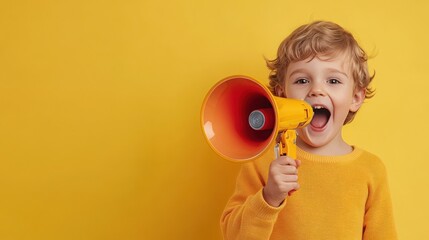 Young boy with megaphone on bright yellow background, expressing excitement.