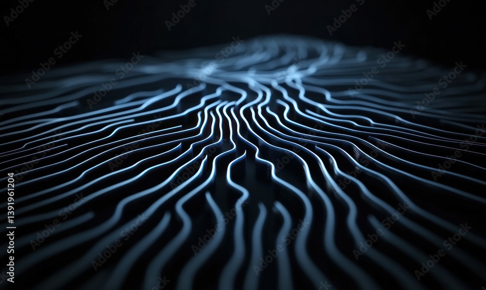 Poster flowing luminous blue lines on a dark surface create an abstract futuristic scene.