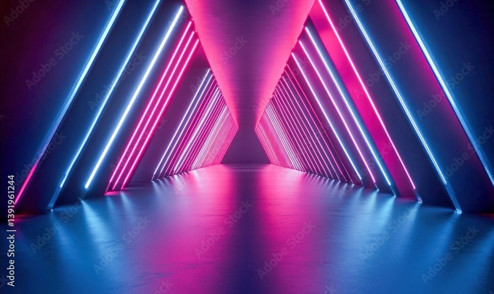 Poster illuminated triangular neon lights create a futuristic tunnel with blue and pink reflections.