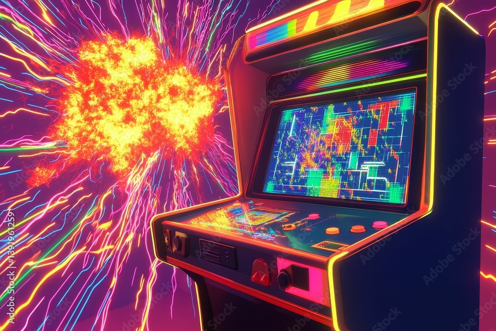 Poster arcade game machine with bright neon lights and abstract colorful background.