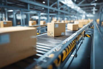 Modern warehouse conveyor system transporting multiple cardboard boxes for shipping, logistics, distribution, supply chain, and industrial automation concepts