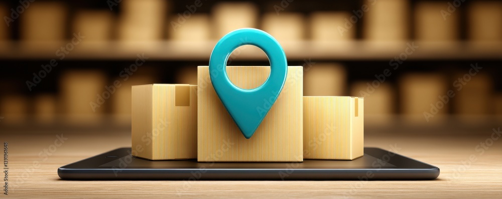 Poster global trade disruption 3d model of buildings with a location pin on a tablet, symbolizing navigatio