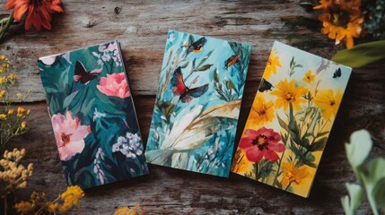 A set of hand-painted greeting cards using eco-friendly plant-based inks and dyes.