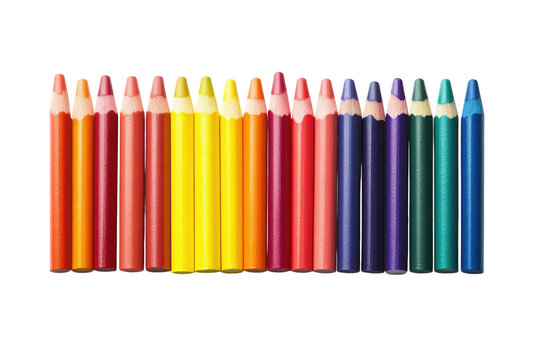 Vibrant rainbow colored pencils arranged in a row on white background showing creativity and art isolated on transparent background