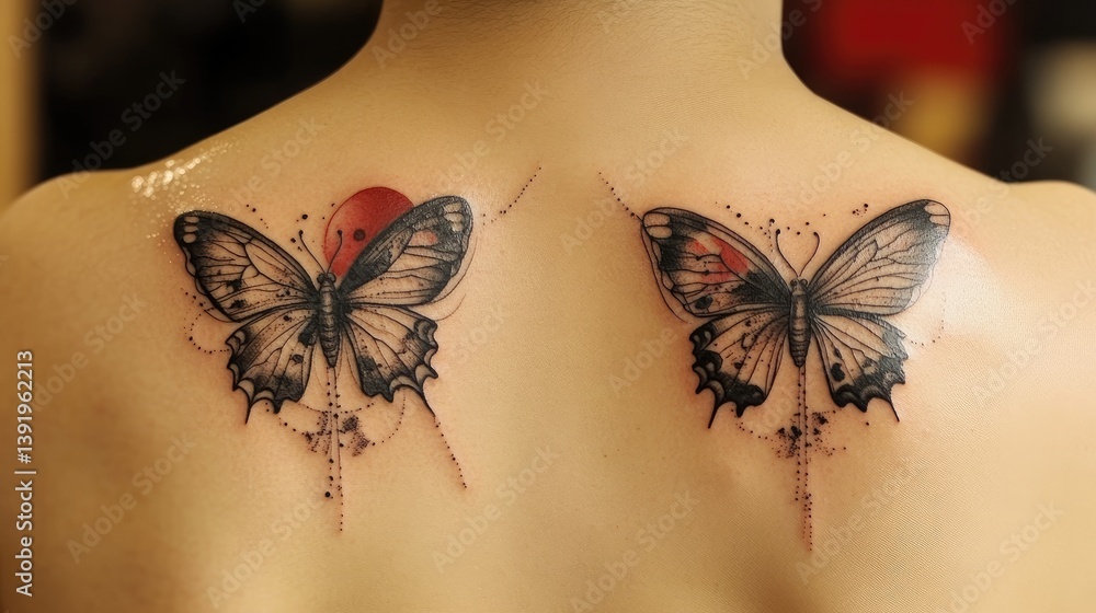 Poster a creative abstract butterfly tattoo on a person's back, featuring unique design elements and flowin