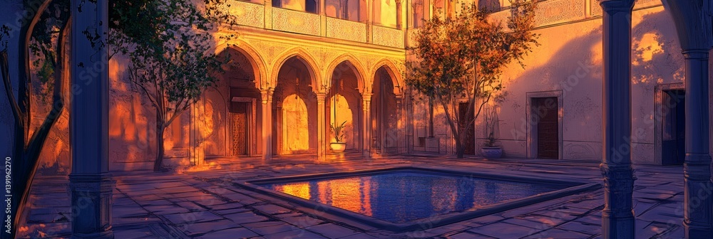 Poster building with arches reflected in water at night with trees in foreground.