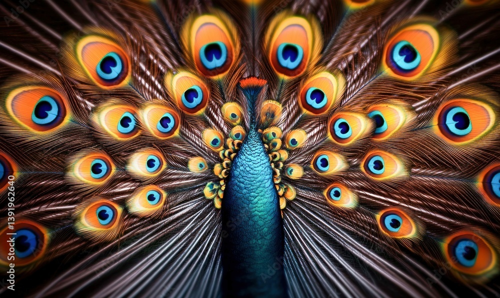 Poster mesmerizing peacock displaying its iridescent plumage in a stunning close-up view.