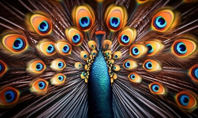 Mesmerizing peacock displaying its iridescent plumage in a stunning close-up view.