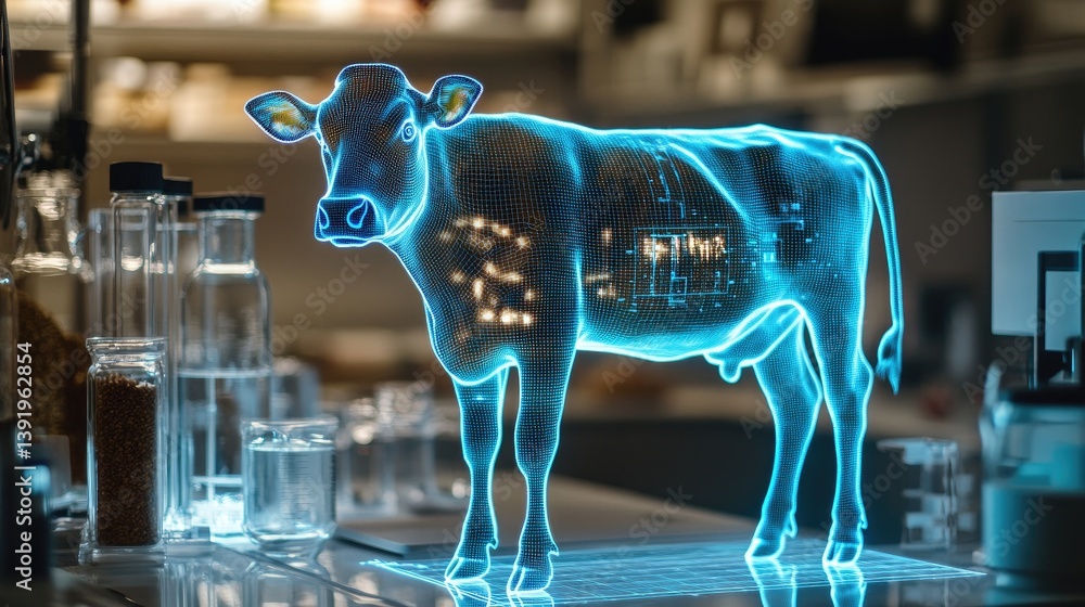 Poster A digital hologram of a cow displayed in a modern lab, symbolizing innovative approaches to sustainable farming and food science in a high-tech environment.
