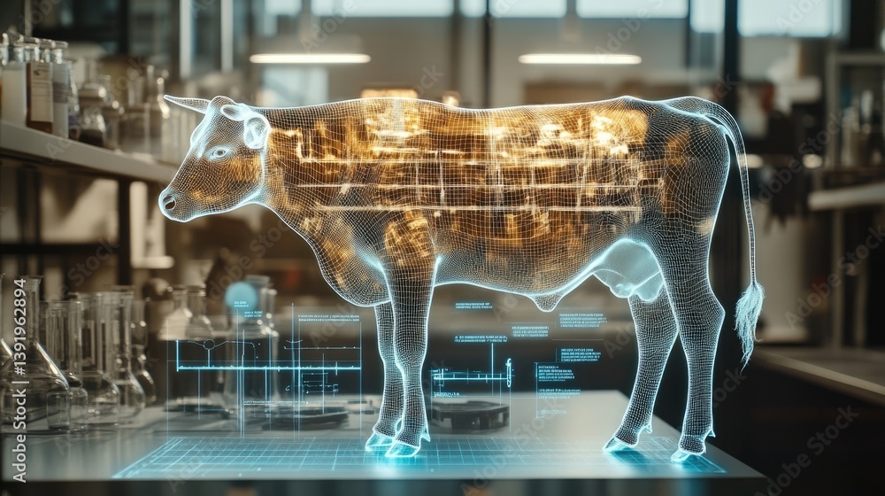 Poster A digital hologram of a cow displayed in a modern lab, symbolizing innovative approaches to sustainable farming and food science in a high-tech environment.