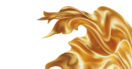 Blank Gold flag on white background Flying gold silk textile fabric flag background,Golden flying fabric