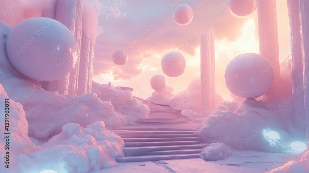 Aufkleber a dreamy 3d dimension featuring floating spheres, pastel-colored architecture, and soft lighting, cr