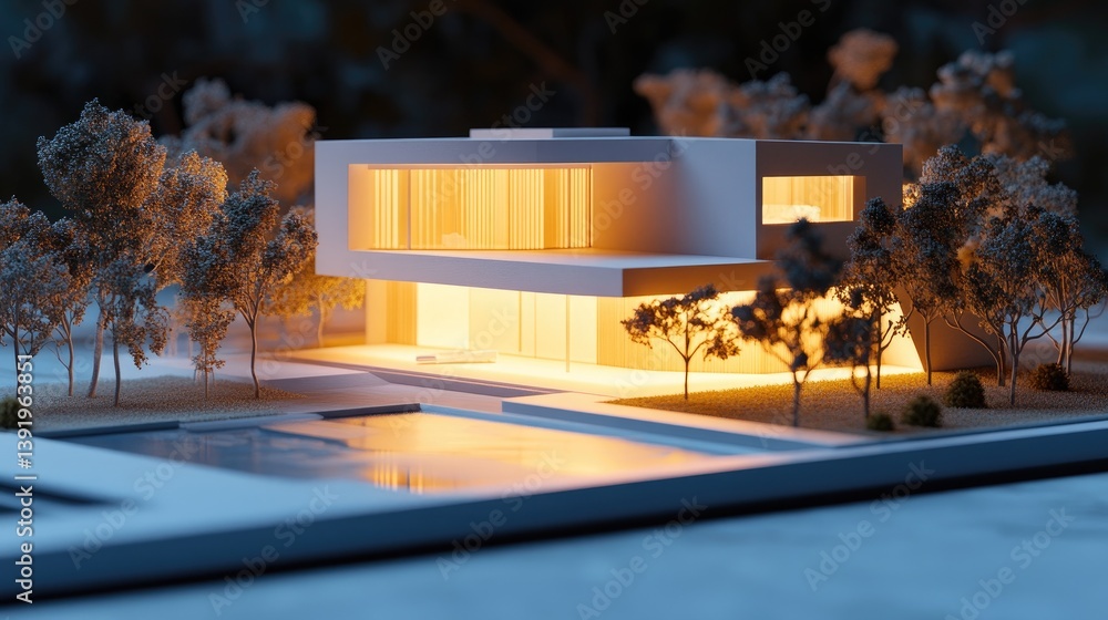 Aufkleber A glowing modern architectural model of a home, illuminated at night, showcasing its sleek design and innovative features in soft artificial light.