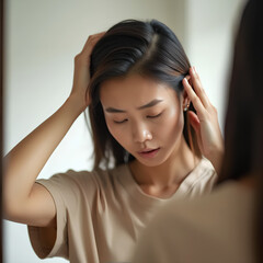 Obraz premium Elegant Asian Woman with Dark Brown Hair in Mirror,Generative AI