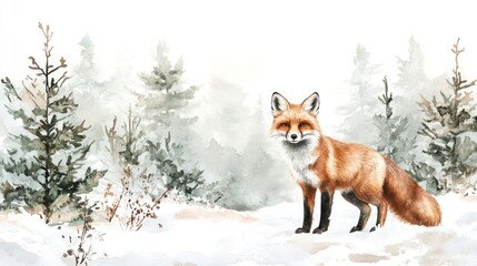 Watercolor fox in snowy forest scene