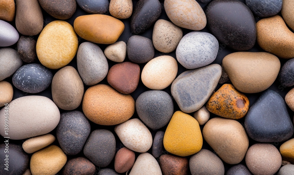 Poster an overhead shot showcases a collection of smooth, multi-colored river rocks, creating a textured ba