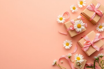 Obraz premium A flat lay composition of colorful gift boxes with pink ribbons and daisies on a pastel peach background, top view.