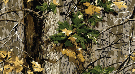 Vector camouflage background. Real tree forest camouflage seamless pattern design pattern for hunting and military uniform. Hunting camouflage.