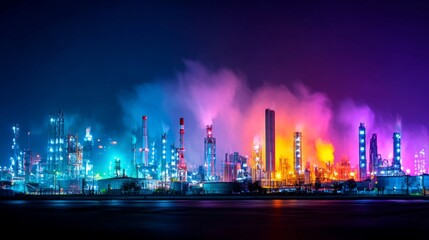 Colorful Industrial Nightscape with Vibrant Lights and Smoke Effects