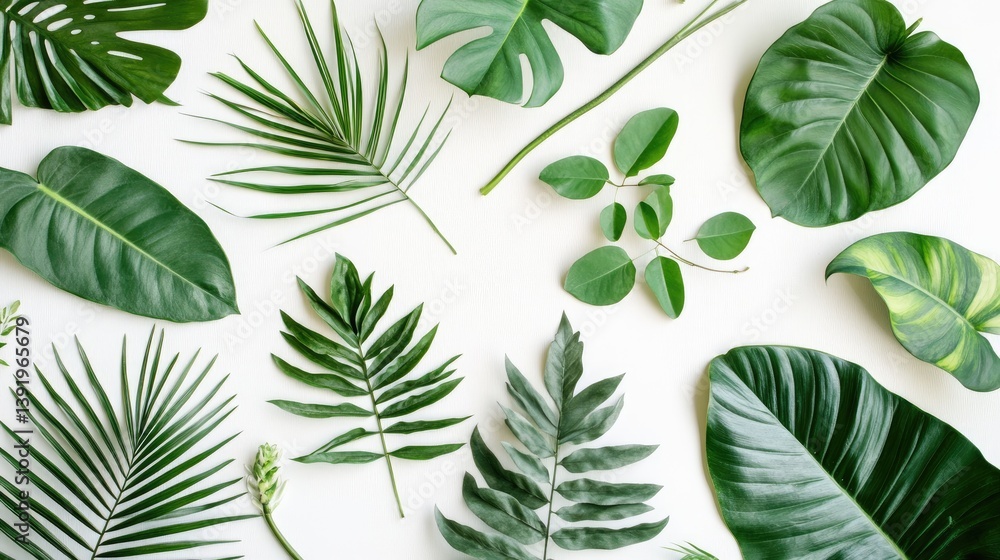 Poster a minimalist botanical flatlay featuring various green elements like leaves and stems, arranged orga