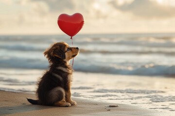 A cute puppy sitting on the beach with a heart-shaped balloon, ocean and sky in the background.