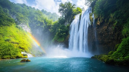 Majestic Waterfall Cascading into Turquoise Pool Under a Cloudy Skyline