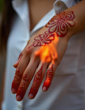 Beautiful Young Indian Woman Smiling and Showing Intricate Henna Mehendi Designs on Her Hands for Traditional Wedding and Festive Celebration Concept