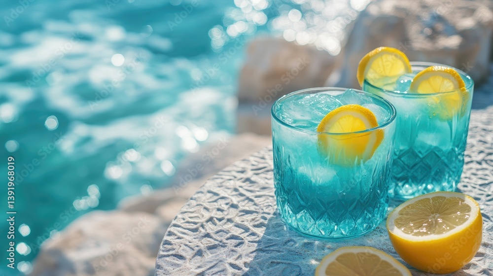 Poster a set of vibrant turquoise cocktails with lemon slices on a textured table, overlooking the seaside 