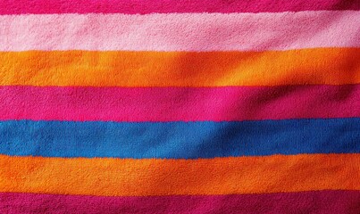 Fototapeta premium A bright and colorful striped beach towel in shades of pink, orange, and blue creates a summery feel.