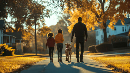 Family walks their dog down a tree-lined street during autumn in the late afternoon golden light