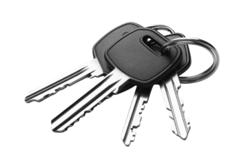 Three keys on a ring close up shot showing detail of metal and plastic sharp focus bright background isolated on transparent background