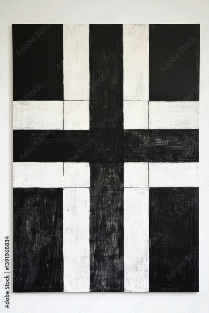 Poster black and white geometric pattern with cross and squares on a light background.