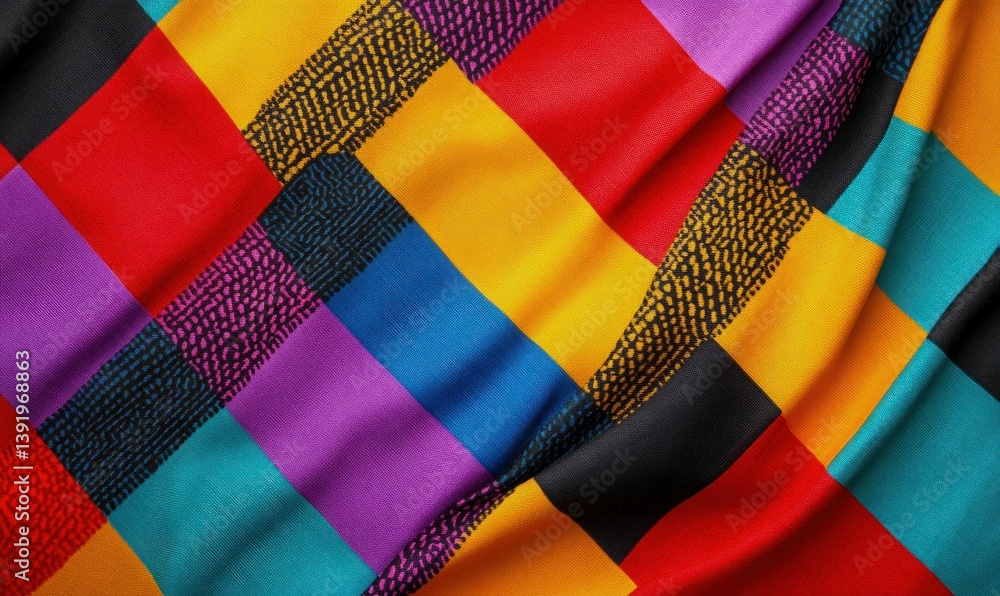Poster a colorful patchwork of fabric squares and rectangles creates a dynamic textile design.