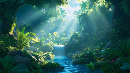 Obraz premium Tranquil Jungle Oasis: Serene Waterfall and Lush Flora