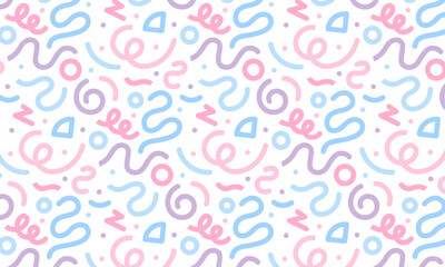 Colorful line doodle seamless background pattern. Fun and creative minimalist art background for kids. Simple childish trendy doodle backdrop.