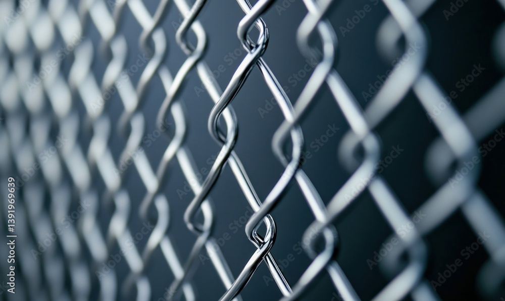 Poster a close-up of a silver chain-link fence creates a repeating diamond pattern on dark background.