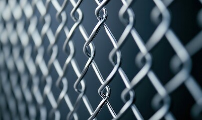 Fototapeta premium A close-up of a silver chain-link fence creates a repeating diamond pattern on dark background.