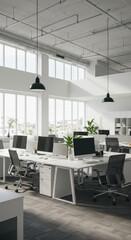 Bright & Modern Office Space: Clean Desks, Natural Light & Inspiring Workspace for Productivity & Collaboration.